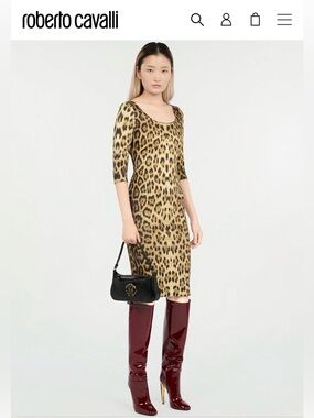 NWT Roberto Cavalli Leopard Print Bodycon Midi Dress EU 46 US M/L Stretchy